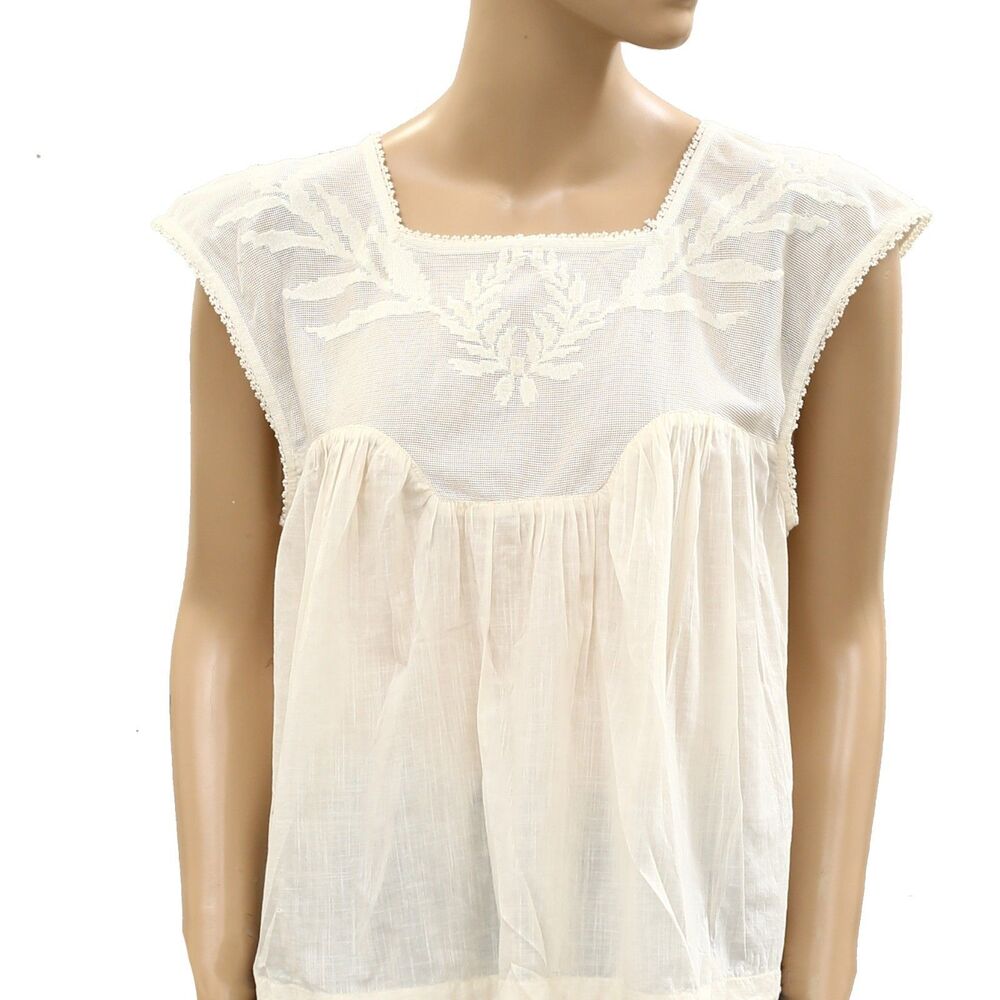 The Great The Dawn Embroidered Top Floral Lace Solid Cream Cotton XL 287501 - Picture 4 of 6